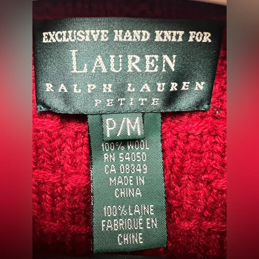 Lauren Ralph Lauren-Red Women’s Hand knit full zip sweater, Size: Petite Medium‎